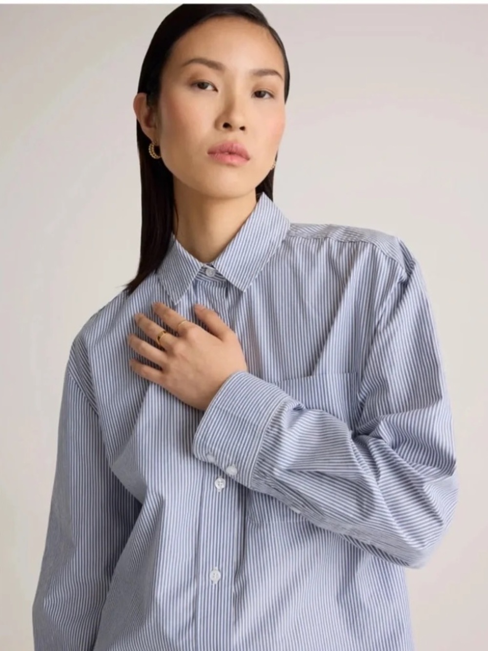 Quince • 100% Organic Cotton Poplin Cropped Long Sleeve Shirt Striped - Picture 8 of 9
